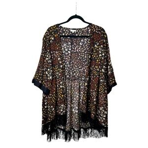 Maurices L Black Floral Print Fringe Kimono